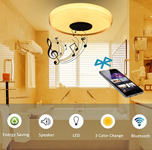 Ypjkonze Waterproof Ceiling Light With Bluetooth Speaker, 18W 2100Lm Led Music Flush Mount Ceiling Fixture, 3 Color Change (3000K/4500K/6000K) Dimmable Ceiling Lamp For Bedroom,Kids Room,Bathroom #TOP3