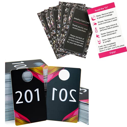 LARLY MO Number Tags for Live Sales, 201-300 and Set of 100 Jewelry Care Card Inserts Bundle for Your Direct Sales Jewelry Business