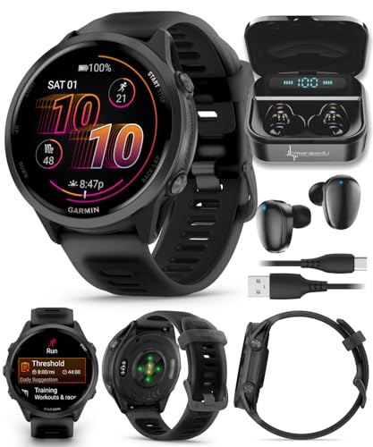 Image of Garmin Forerunner 570 47mm Advanced GPS Running & Triathlon Smartwatch, AMOLED Display, Training & Recovery, Slate Gray Aluminum, Translucent Black & Black Band w / Wearable4U BLK Earbuds Bundle