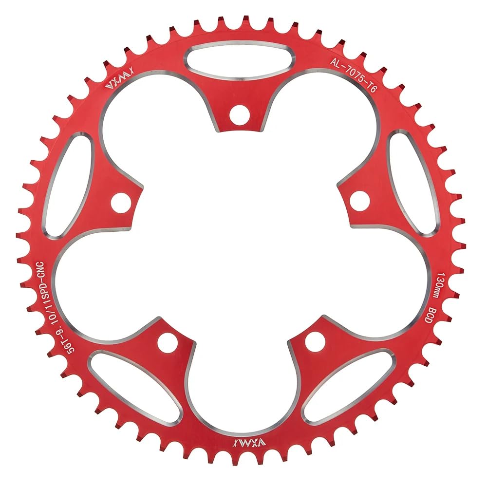 KTKEET 110/130BCD Chainring 36/38/40/42/44/46/48/50/52/54/56/58/60T Round Narrow Wide Chainring 5 Bolts Bicycle Chainwheel for 8-12 Speed Road Bike Folding Bicycle (Red,130BCD 56T)
