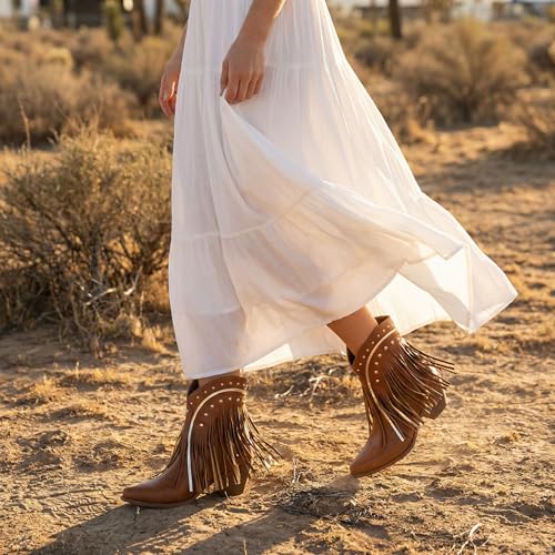 Image of Women's Western Ankle Booties Pointed Toe Cowgirl Boots with Fringe Tassels or Sparkly Rhinestone Fashion Short Boots for Casual Daily Wear