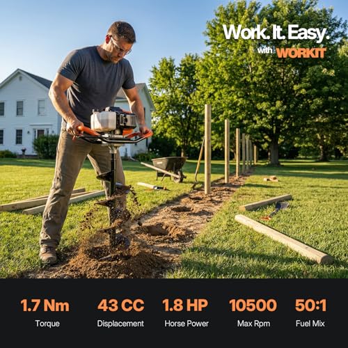 WORKIT 43CC Post Hole Digger, Auger Post Hole Digger Easy Start, 2-Cycle Xtreme Engine, Gas Powered Earth Auger with 8\" Auger Drill Bit, 20\" Extension Rods, EPA Certification, for Farmland, Garden