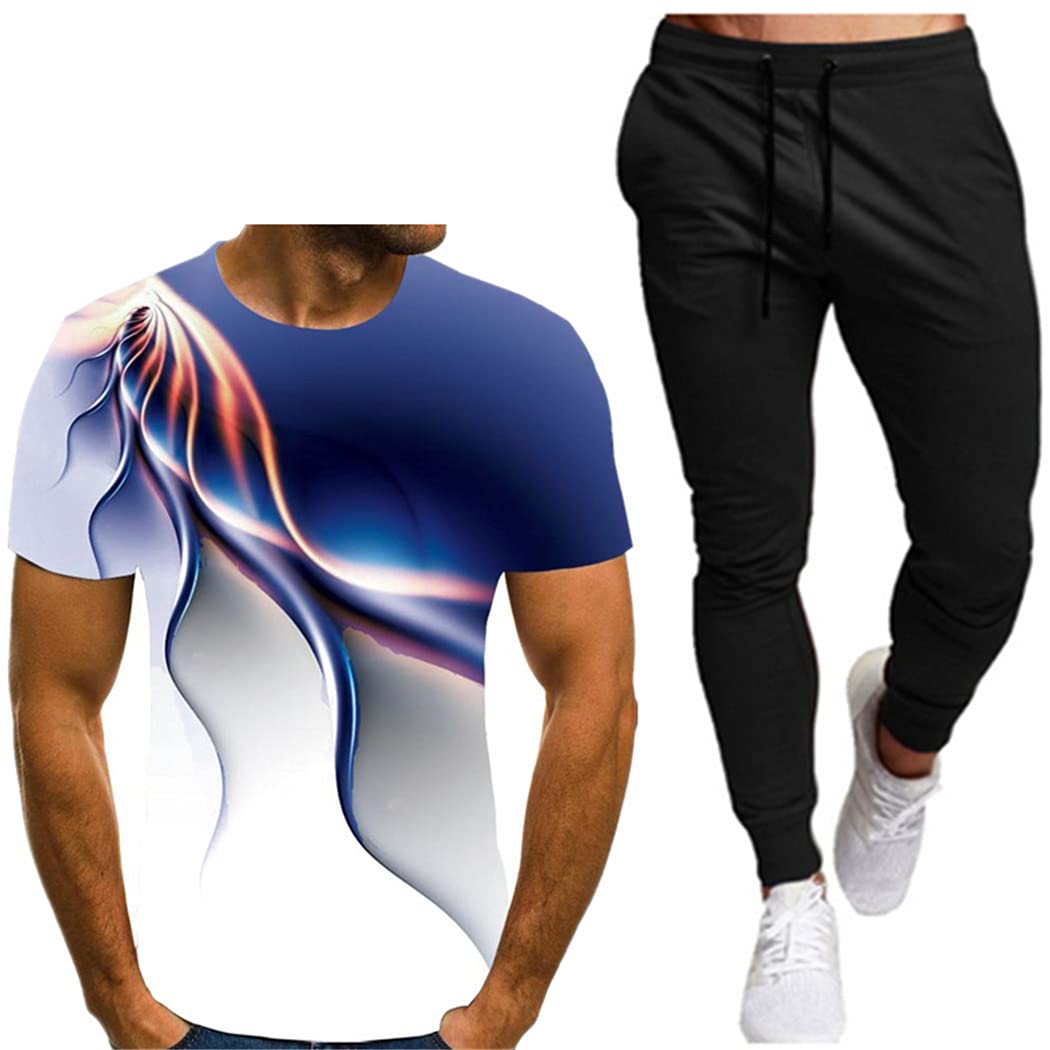 3D Druck T-Shirt Anzug 2 Teilig Herren Sportanzug Basketball Sport Fitness Kurzarm und Hosen Anzug, dunkelgrau, XL