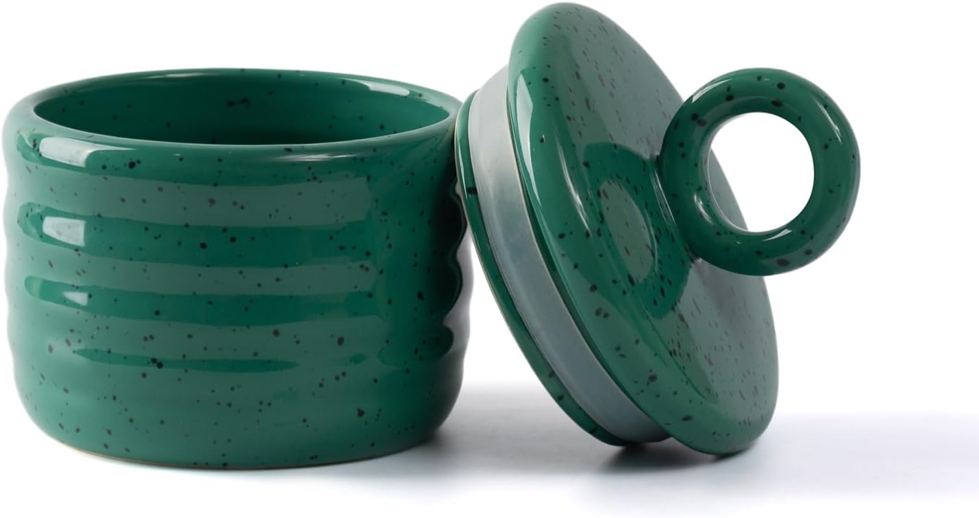 Salt Cellar Keeper with Ceramic Lid, Big Capacity Ceramic Sugar Bowls Pepper Box, Speckled Glaze Seasoning Container Condiment Pot for Kitchen (Green)