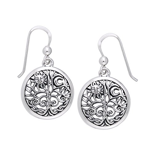 Ancient Tree of Life with Sun and Moon Symbol Round Filigree Sterling Silver Earrings