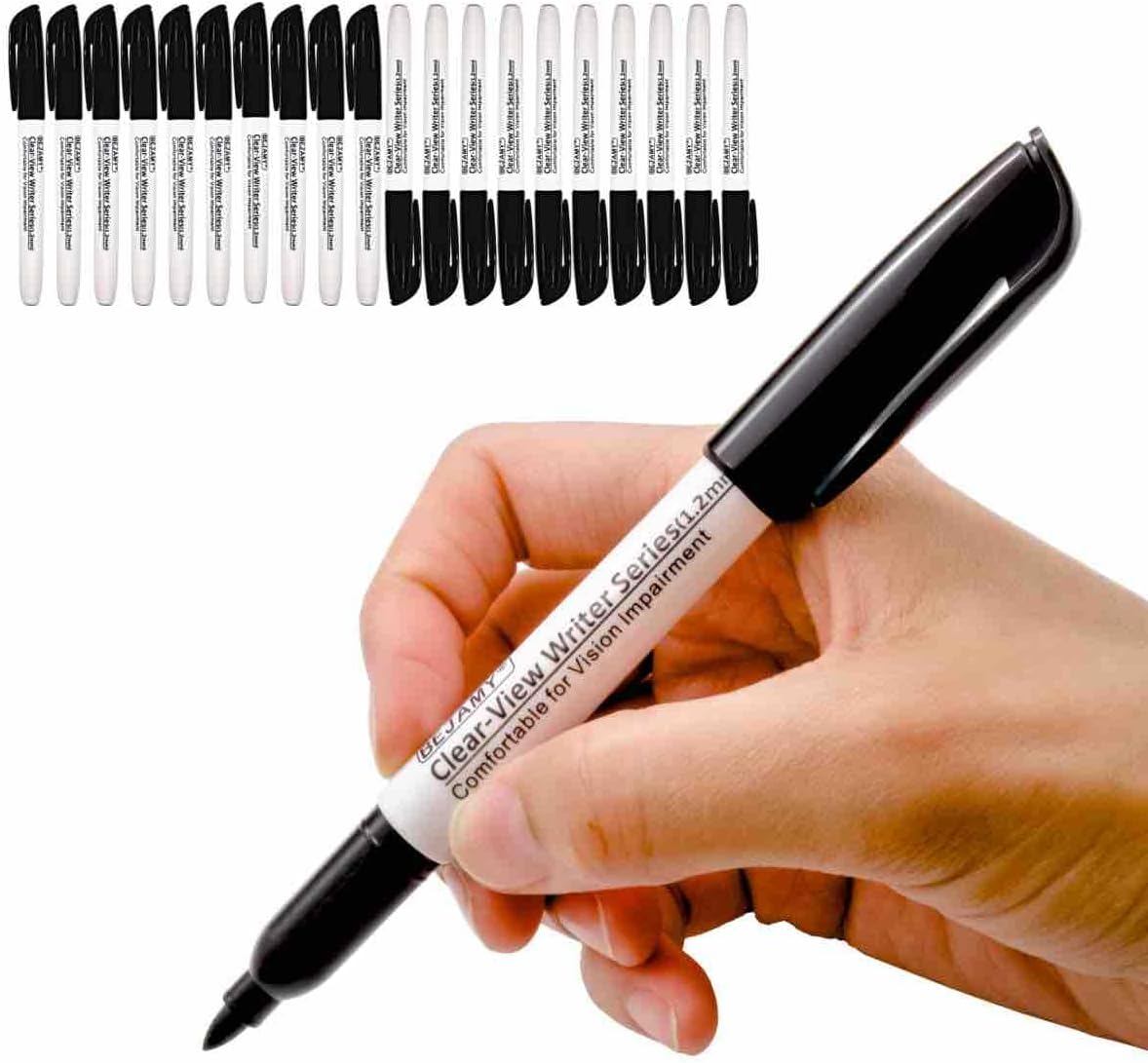 (Bullet Tip-1.2mm, PACK of 20, BLACK ink) Clear-View Writer Bold Writing Pen,Water-Based Pigment Low Vision Marker,Assistive Writing Tool for Visual Impairment,Odorless,Non-Toxic,No Oil,Alcohol Free