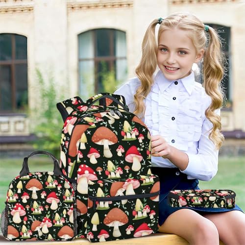 Mushroom Backpack with Lunch Box and Pencil Case Set, 3 in 1 Matching Teens Colorful Backpacks Combo, Cute Lightweight Bookbag and Pencil Case Bundle3