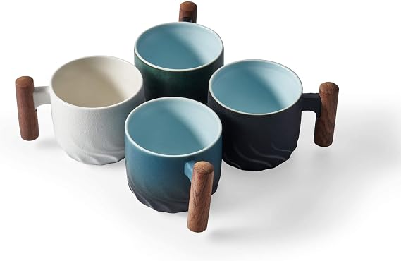 Ceramic Espresso Cups with Wooden Handle Espresso Shot Cups Ceramic Tea Cups Porcelain Demitasse Cups for Coffee or Tea, 3oz (Black&Blue&Green, 6)