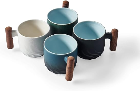 Ceramic Espresso Cups with Wooden Handle Espresso Shot Cups Ceramic Tea Cups Porcelain Demitasse Cups for Coffee or Tea, 3oz (Black&Blue&Green, 6)