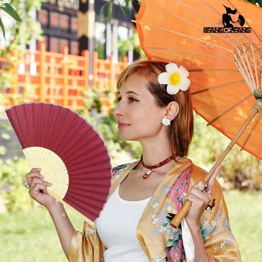 Image of Fabric Handheld Folding Hand Fan with a Tassel Grade A Bamboo Ribs for Women Girls Summer Party Event Favor Birthday Wedding Souvenir Gift (Dark Red)