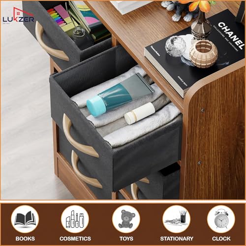 Image of Lukzer 8 Drawer Multipurpose Organizer with Fabric Storage Shelves - Engineered Wood & Fabric Storage Chest | Sturdy Wooden Frame | Elegant Dresser for Bedroom, Closet & Living Room (MR-028 /Oak Brown)
