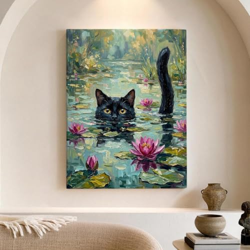 Image of Fanciful Cat in Water Lilies Pond Impressionist Canvas Wall Art 12x16