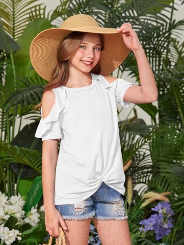 Image of BesserBay Girls Cold Shoulder Tops Twist Front Tunic Ruffle Sleeve Summer Blouses 5-14 Years