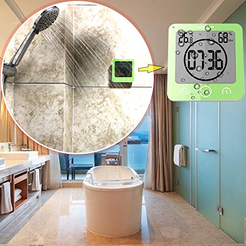 Waterproof Bathroom Clock And Timer For Shower, Digital Water Resistant Shower Alarm Clocks With Suction Cup, Water Proof Bathroom Hanging Wall Clock Humidity Temperature Meter, Touch Screen (Green) #TOP1