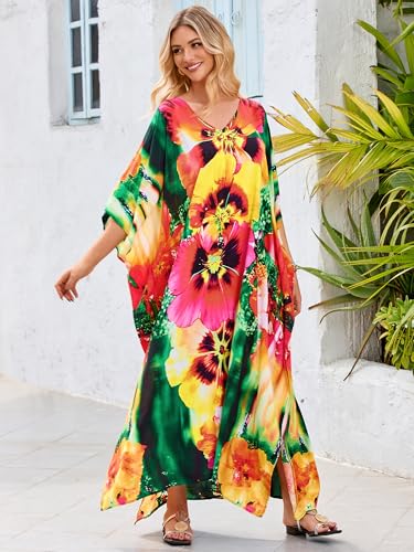 Image of Moss Rose Kaftan Dresses for Women V Neck Summer Swimsuit Cover up Caftan Maxi Beach Dresses