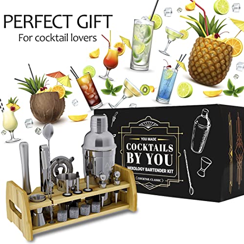 20-Piece Cocktail Mixology Shaker Set - Bartender Kit With Bamboo Stand - Bar Accessories Kit Including A Martini Shaker, Bar Jigger, Syrup Dispenser & Mixer Recipe Book #TOP6