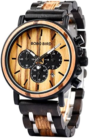 BOBO Bird Mens Wooden Watches Business Casual Wristwatches Stylish Ebony Wood & Stainless Steel Combined Chronograph