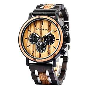 BOBO BIRD Mens Wooden Watches Business Casual Wristwatches Stylish Ebony Wood & Stainless Steel Combined Chronograph