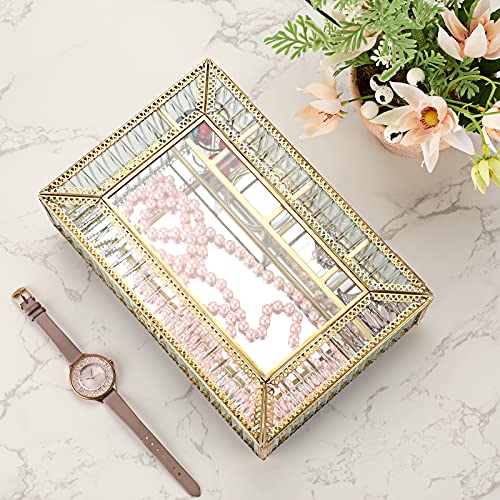 Elldoo Golden Vintage Jewelry Box Mirrored Glass Box, Floral Border Keepsake Box With Clear Glass Lid Rectangle Jewelry Organizer Storage Trinket Display Case For Girls, 5 Compartment #TOP4