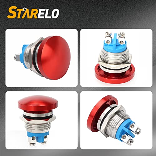 Starelo 16Mm Mushroom Momentary Head Push Button Switch,Stainless Steel Metal Ip65 Waterproof 2Pin Spst 1No 5A 250V Ac 12V 24V 36V Dc 0.63'' Mouting Domed Screw Terminal （Red). #TOP2