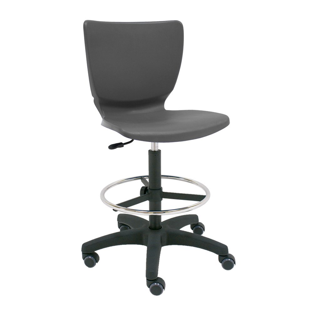 Taburete Giratorio de Trabajo o Estudio Mono Carcasa de Polipropileno Flexible Resistente y fácil Limpieza con aro reposapiés Cromado y Ruedas de parquet Incluidas - Color Antracita