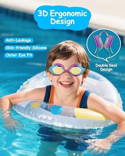 Image of Kids Swim Goggles, Anti-fog and UV Protection with Swim Cap for Age 3-15 Youth Boys Girls Toddler
