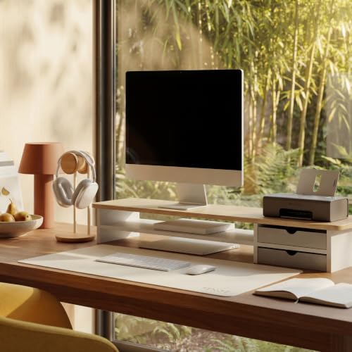 Image of Fenge Monitor Stand, Dual Monitor Riser, 42.5inch Large Desk Computer Monitor Stand Riser with Drawer, 2 Tier Wood & Acrylic Desktop Organizer for Computer, Laptop, Printer, TV Screen Riser