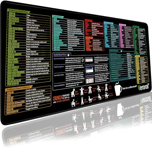 Veroral Excel Shortcuts Mouse Pad, Extended XL Cheat Sheet Desk Mat with Non-Slip Rubber Base for Office, Spreadsheet, PC Users（31.5x11.8''）