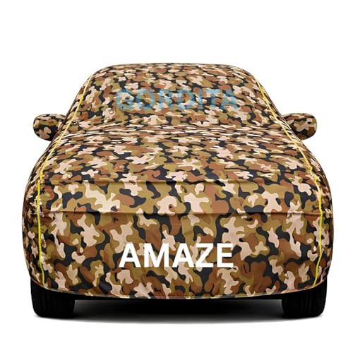 Image of Waterproof Car Body Cover for Amaze All Weather Protection Comes with Inner Cotton Lining & Triple Stitched with Mirror & Antenna Pocket Belt & Elastic Fit Army with Yellow Piping2