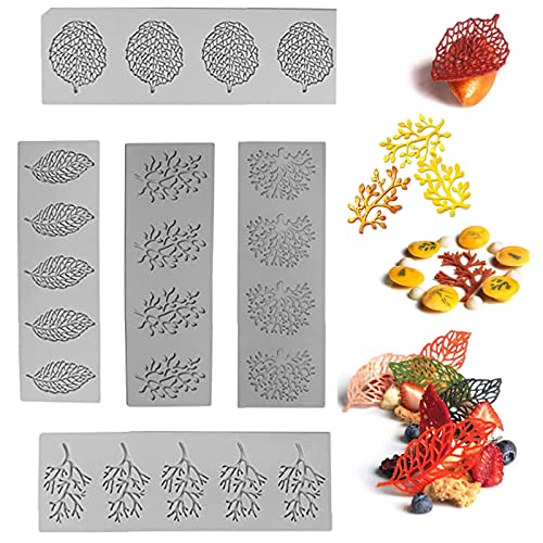 Les-Theresa 5pcs Leaves Shape Silicone Mould, Leaf Molds Hollow 3D Candle Lace Mold Cake Embossing Mat Flexible Fondant, Sugar Paste, Chocolate, Butter, Soap (Grey) (I1004)