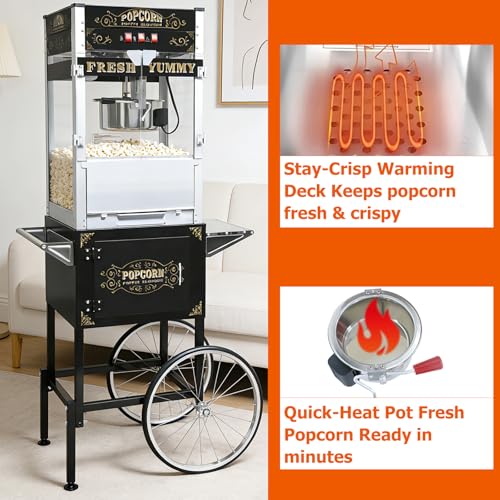 Image of Commercial Popcorn Machine with Cart & Wheels - 32OZ Stainless Steel Kettle, Vintage Style, Tempered Glass | Large Capacity for Home, Parties, Movie Theater (Black)