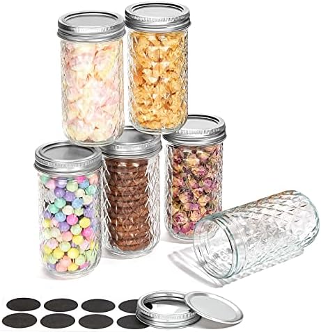 SRNRUS Mason jars 12oz, 6 Pack Regular Mouth Canning Jars Overnight Oats Containers with Two-piece Split Aluminum Lids and Bands Idea for Honey, Jam, Shower Favors, Wedding Favors (12 ounce - 6pack)