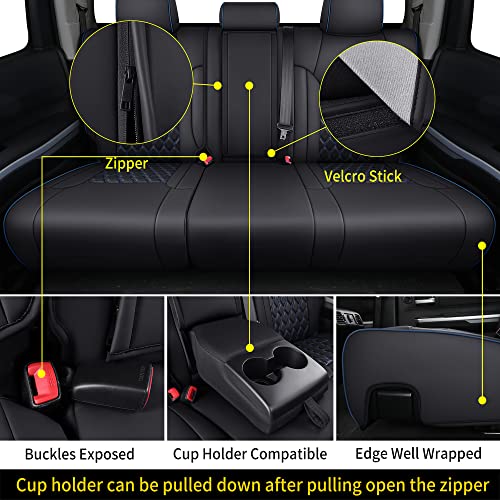 Huidasource Tundra Seat Covers, Front & Rear Leather Car Seat Cover, Waterproof Car Seat Cushion Protector Fit For 2014-2021 Toyota Tundra Crewmax/Double Cab Pickup Truck(Full Set/Black&Blue) #TOP3