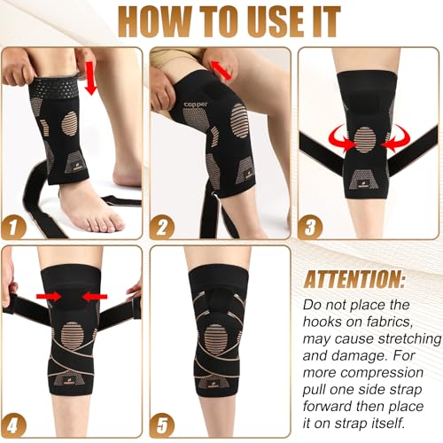 NEENCA Copper Knee Brace with Straps for Women/Men, Knee Compression Sleeve for Knee Pain, Arthritis, ACL, Meniscus Tear, Joint Pain Relief. Knee Support for Running, Workout, Weightlifting - Single