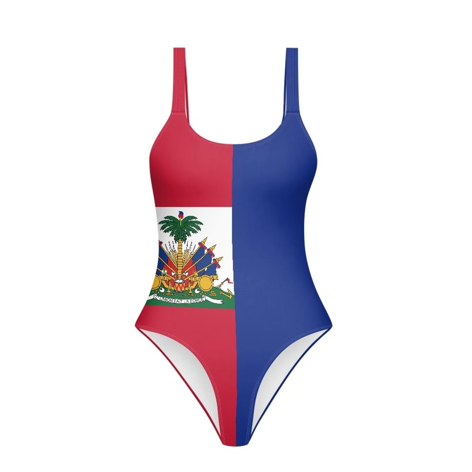 Psaytomey Women's Racerback Athletic One Piece Bathing Suit Scoop Neck Haiti Flag Blue Lightweight Tummy Control Swimwear Plus Size Swimsuit for Women Tank Swimsuit