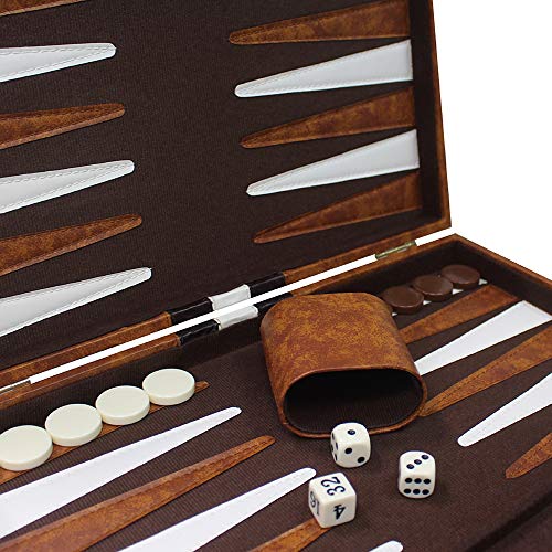 Sun Flair Backgammon Set Leatherette 15 Inch, Folding Classic Board Game, Smart Tactics Premium Best Strategy, Tip Guide Enclosed, Brown, Medium #TOP3