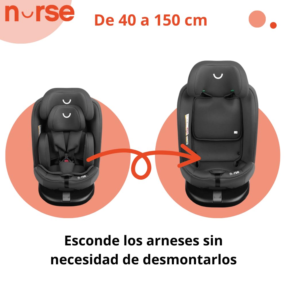 Nurse Scala Silla de Coche i-Size 40–150 cm, Giratoria 360º, ISOFIX con Top Tether, A Contramarcha y A Favor de la Marcha, Protección Lateral, Negro