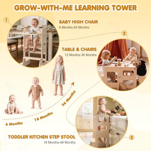 Image of Toddler Standing Tower Anti-Tip Wooden Kitchen Step Stool，Wood