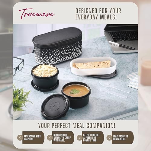 Image of Trueware Omaga Lunch Box with Insulated Fabric Jacket, 2 Microwave Safe & Leak Proof Inner Stainless Steel Containers 400ml Each & 1 Plastic Oval Chapati /Rice Container Tiffin for Office, College