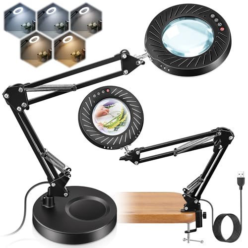Ddlisu 12X Magnifying Glass with Light and Stand, 9 Dimmable Brightness, 5 Color Modes, Hands Free Metal Magnifying Lamp with Clamp for Craft Reading Painting Sewing Hobby Close Work