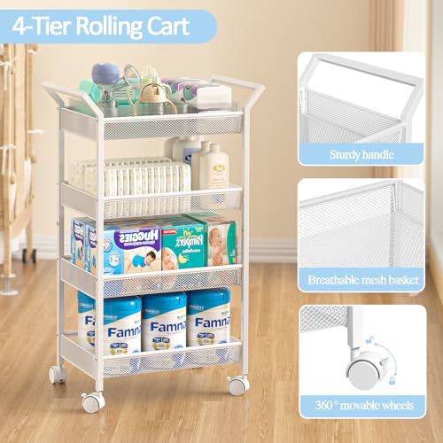 Image of 3IngSeagulls Baby Diaper Caddy Cart, 4-Tier Diaper Caddy Organizer and Storage, Rolling Utility Cart for Baby Supplies, Diaper Cart with Wheels for Bedroom, Nursery, Changing Table, White