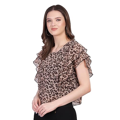 Image of Women's chita Animal Printed Ruffle Sleeve Top, Western Style, Round-Neck