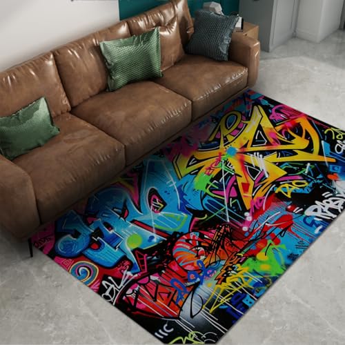Tapis de salon multicolore graffiti abstrait à poils courts et doux - 6
