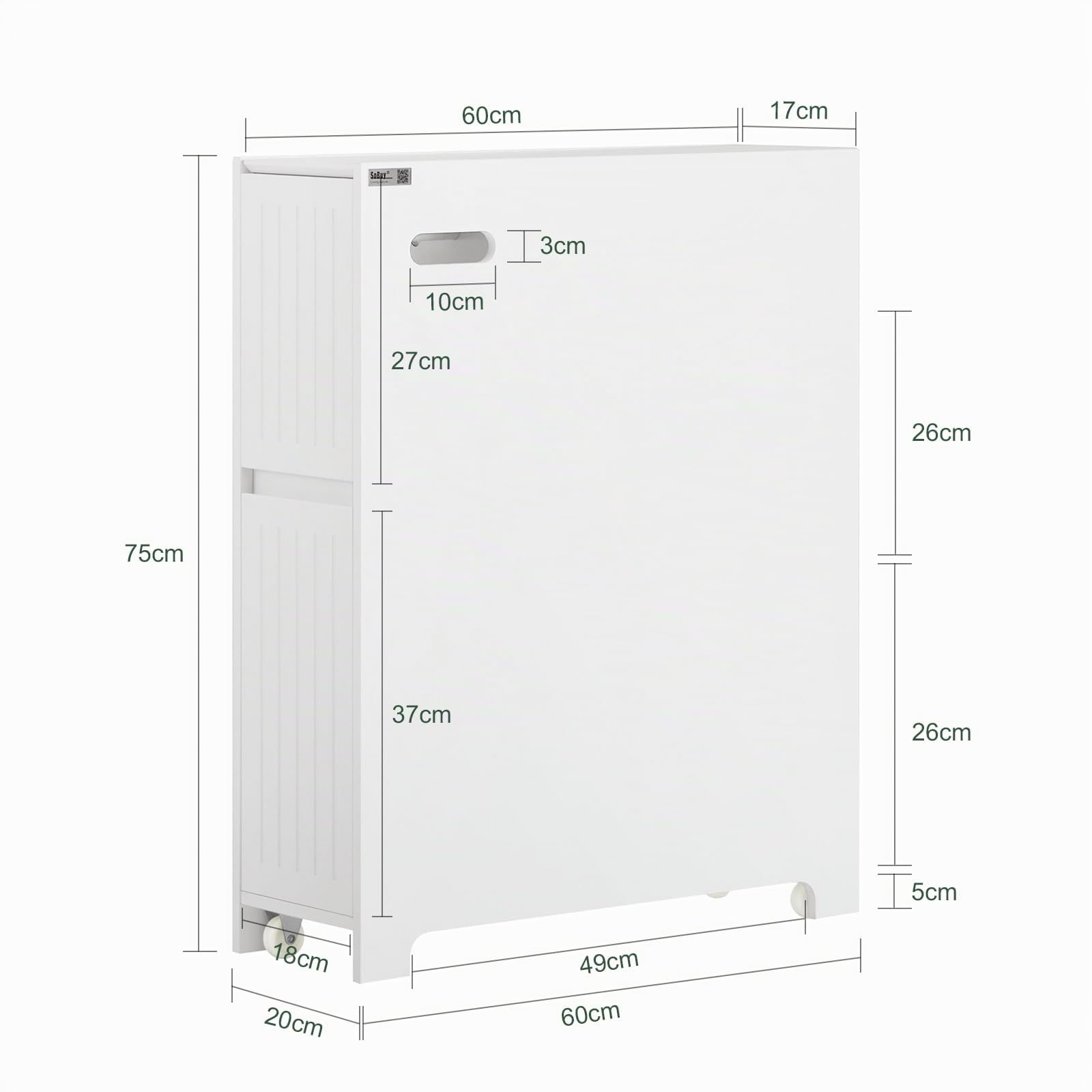 SoBuy Meuble Salle de Bain avcc 2 Tiroirs Meuble WC de Rangement 60x20x75cm | Armoire WC Compact, Meuble Salle de Bain Étroit avec Roulettes, en Bois, pour Rangement de Papier Toilette, BZR111-W