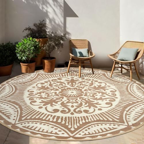 Capslpad 6x6 Floral Outdoor Rug for Patio Clearance Reversible Mat Round Portable Plastic Straw Carpet Waterproof Boho Indoor Outside Area Rugs for RV Camping Picnic Balcony Beach Deck Light Beige