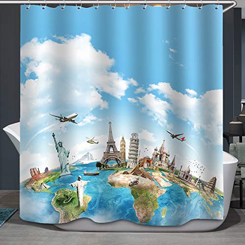 Fabric Shower Curtain,World Map Landmarks All Over Globe Eiffel Pisa Big Ben Collesium Lady Liberty Pyramid Polyester Designer Cloth, Print Decorative Bathroom Include Hooks Set(72〃W By 72〃L) (2584) #TOP1
