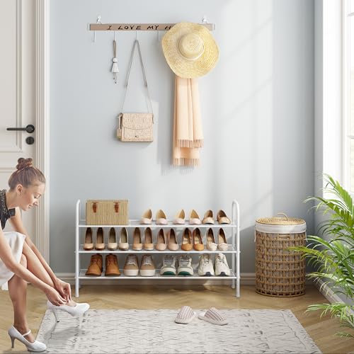 Image of Hoctieon 3 Tier Durable Mesh Style Shoe Rack, Entryway Shoe Shelf, Shoe Rack FreeStanding, Shoe Storage Organizer, Shoe Rack for Closet, Space Save For bathroom, Hallway, Bedroom, Living Room, White