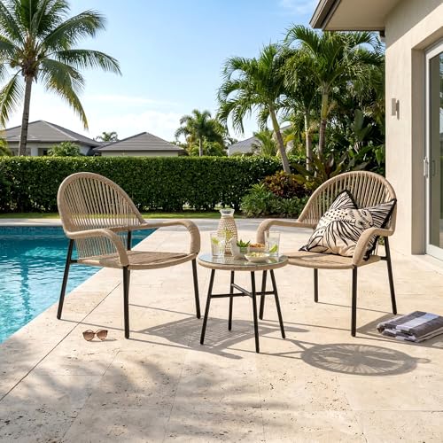 Image of BRISHI Garden Patio Seating Chair and Table Set Outdoor Balcony Garden Coffee Table Set Furniture with 1 Table and 2 Chairs Set with Cushion Braid & Rope (Beige)