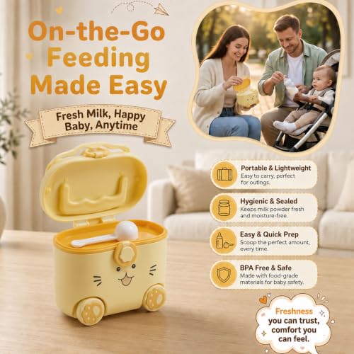 Image of Uonibaby by StarAndDaisy formula milk container for baby milk powder container with scoop , portable Formula Dispense, Airtight First Feed Baby food Storage container / Box for travel 200 grams- Kitty Yellow