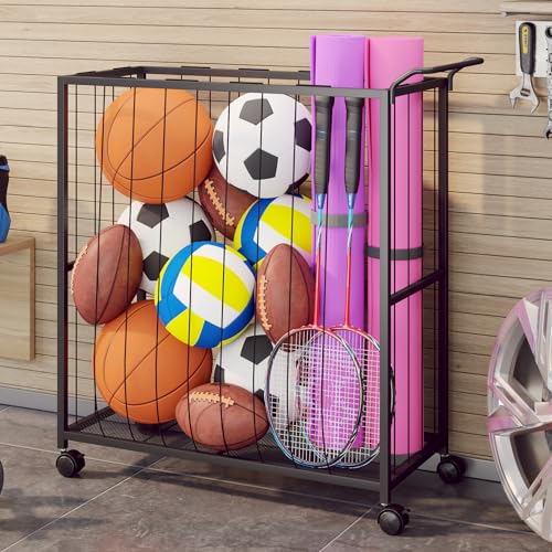 Ball-Storage-Bin-Rolling-Sports-Ball-Cart-Black-Metal-Garage-Organizer-Sport-Rack-Ball-Basket-Storage-Toys-Cage-for-Garage-or-Gym-Indoor-Outdoor-Sports-Equipment